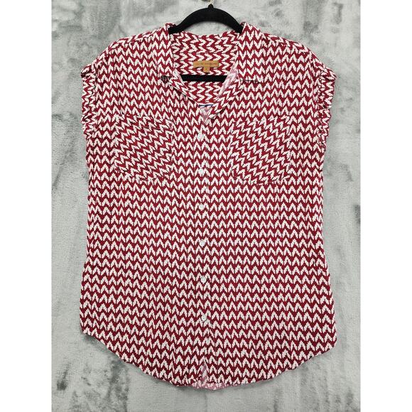 JACHS Girlfriend Top Womens S Red White Chevron Print Quinn Cap Sleeve Button Up - Picture 1 of 9